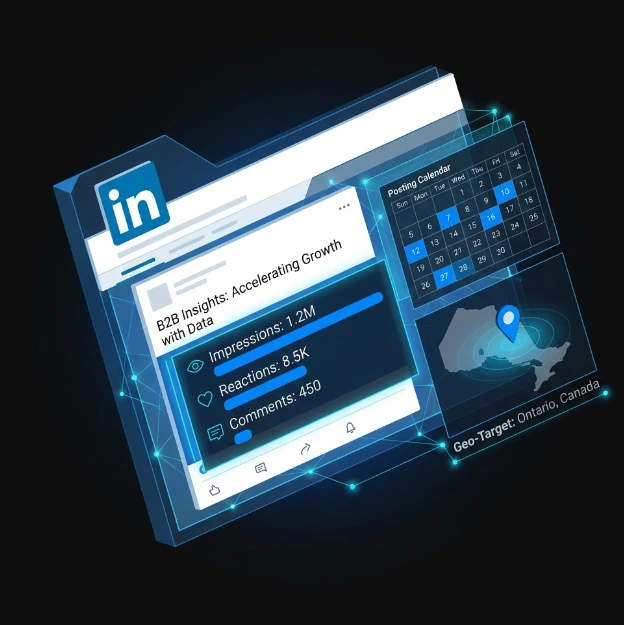 SEO and LinkedIn analytics dashboard for Canadian healthcare staffing agency digital marketing