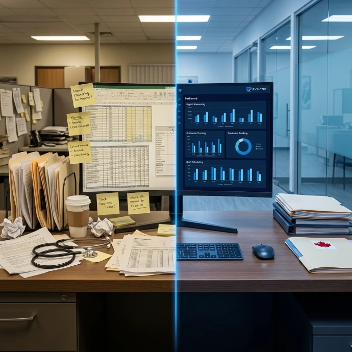 Transformation from manual spreadsheet chaos to organized  Odoo ERP dashboard — Synerz mission of eliminating operational  chaos for Canadian PSW and homecare staffing agencies