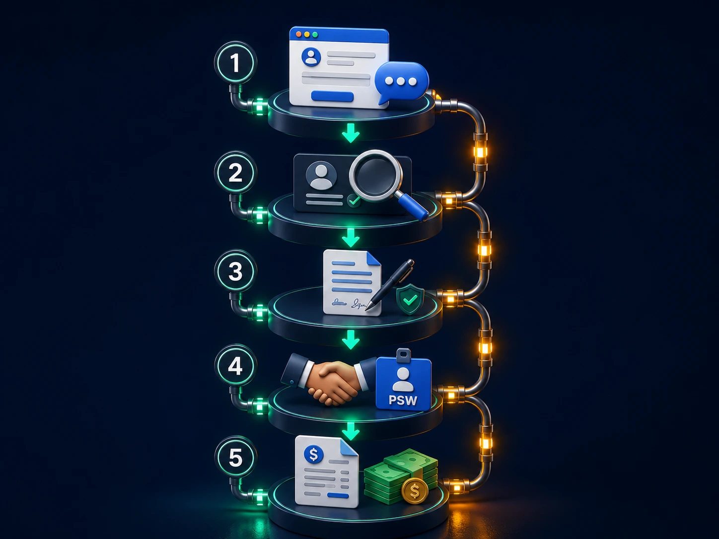 Client pipeline flow diagram — Website lead capture to CRM qualification to Service agreement e-signature to PSW assignment to Billing in Odoo ERP. Home care client intake software Canada.
