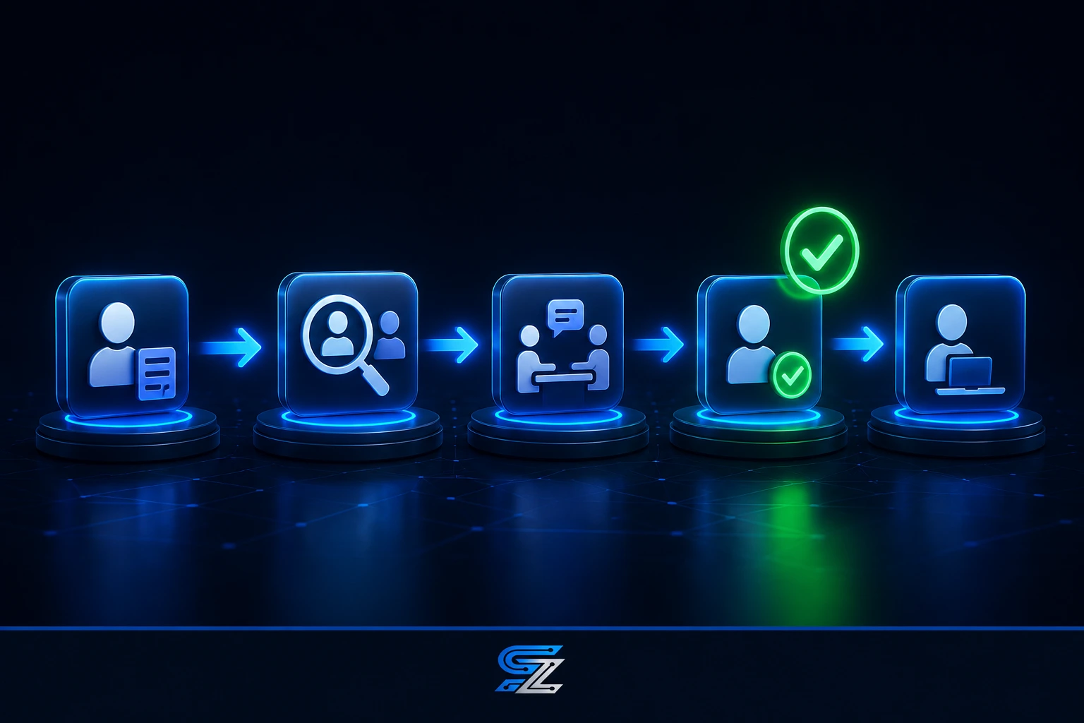 3D render of a recruitment pipeline showing candidates moving through stages from application to hire