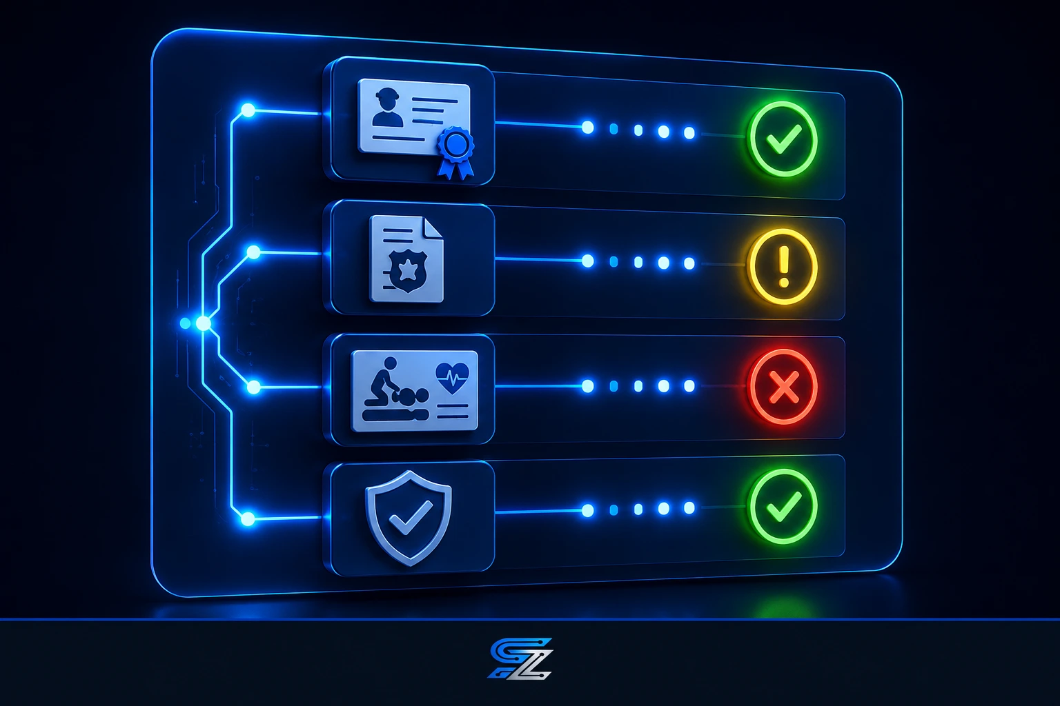  3D render of a colour-coded compliance dashboard tracking PSW credentials for a healthcare staffing agency