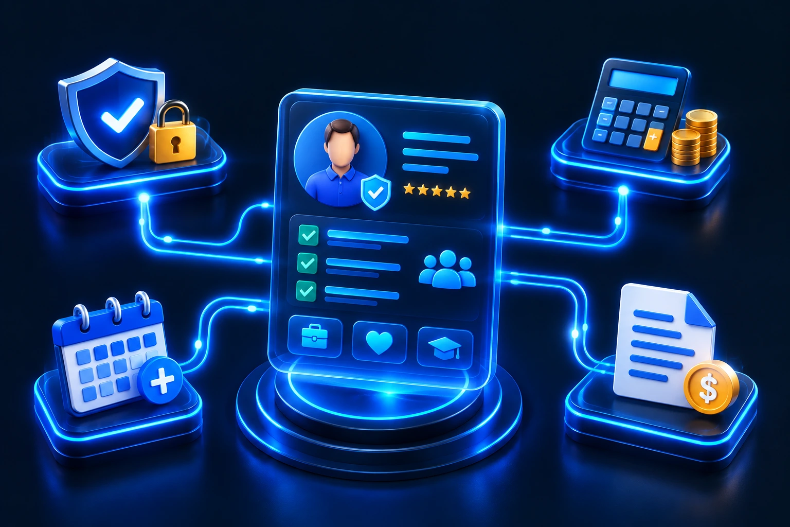 3D isometric render of interconnected ERP modules for homecare agency payroll, compliance, and scheduling