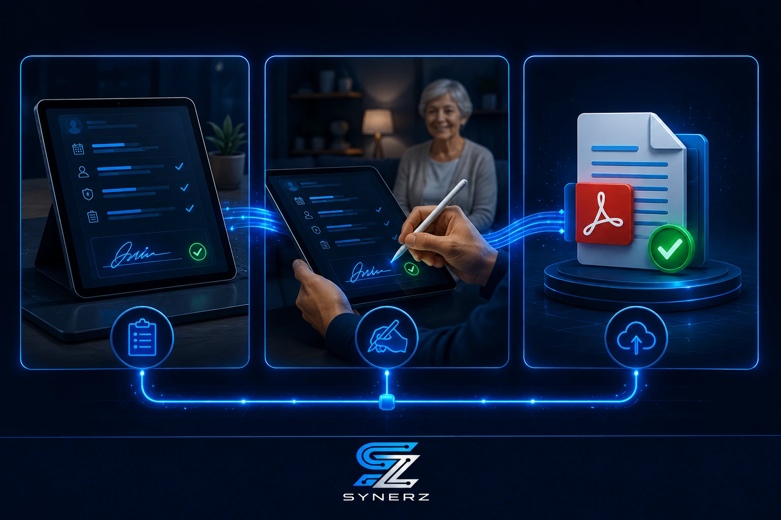 PSW workflow showing iPad signature process in SYNERZ system