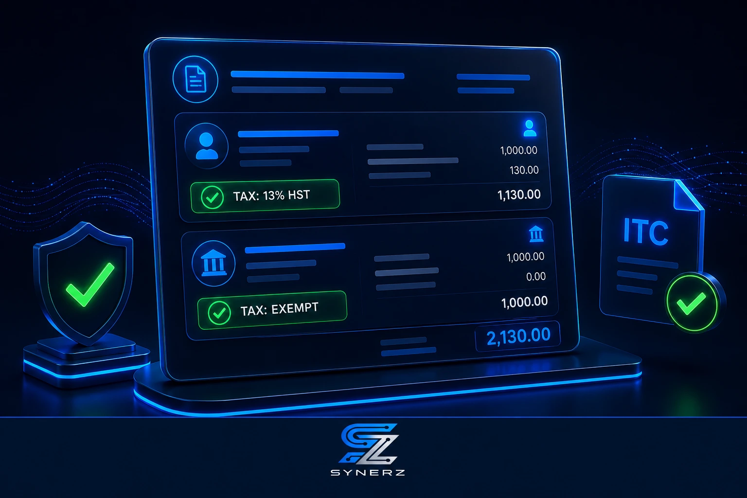 3D render of a GST/HST compliance dashboard showing taxable and exempt invoices for a PSW agency.