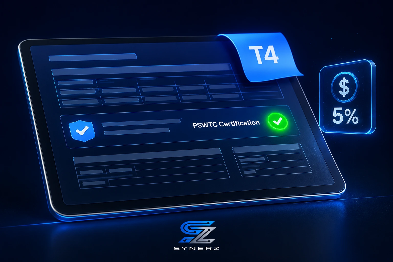 3D render of a PSW tax credit certification dashboard showing T4 generation with automated PSWTC certification.
