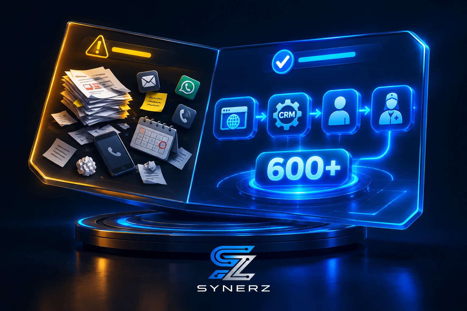 3D rendering of a digital marketing pipeline connecting website and CRM for a PSW agency by SYNERZ.