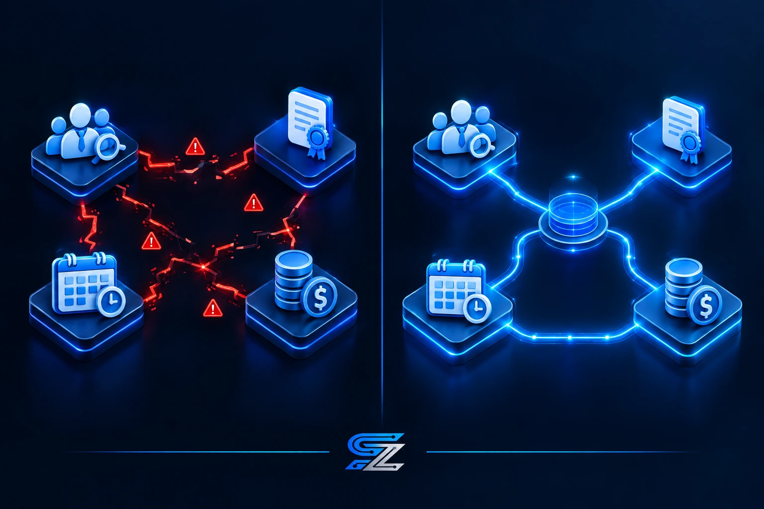 3D rendering comparing disconnected and connected systems for PSW agency scheduling by SYNERZ.